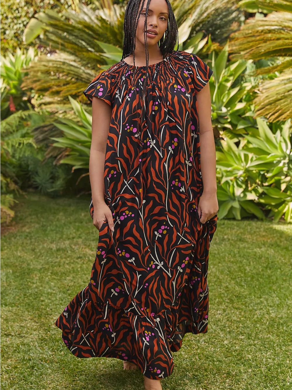 Anthropologie Black Maxi Dress with Orange & Purple Floral Print
